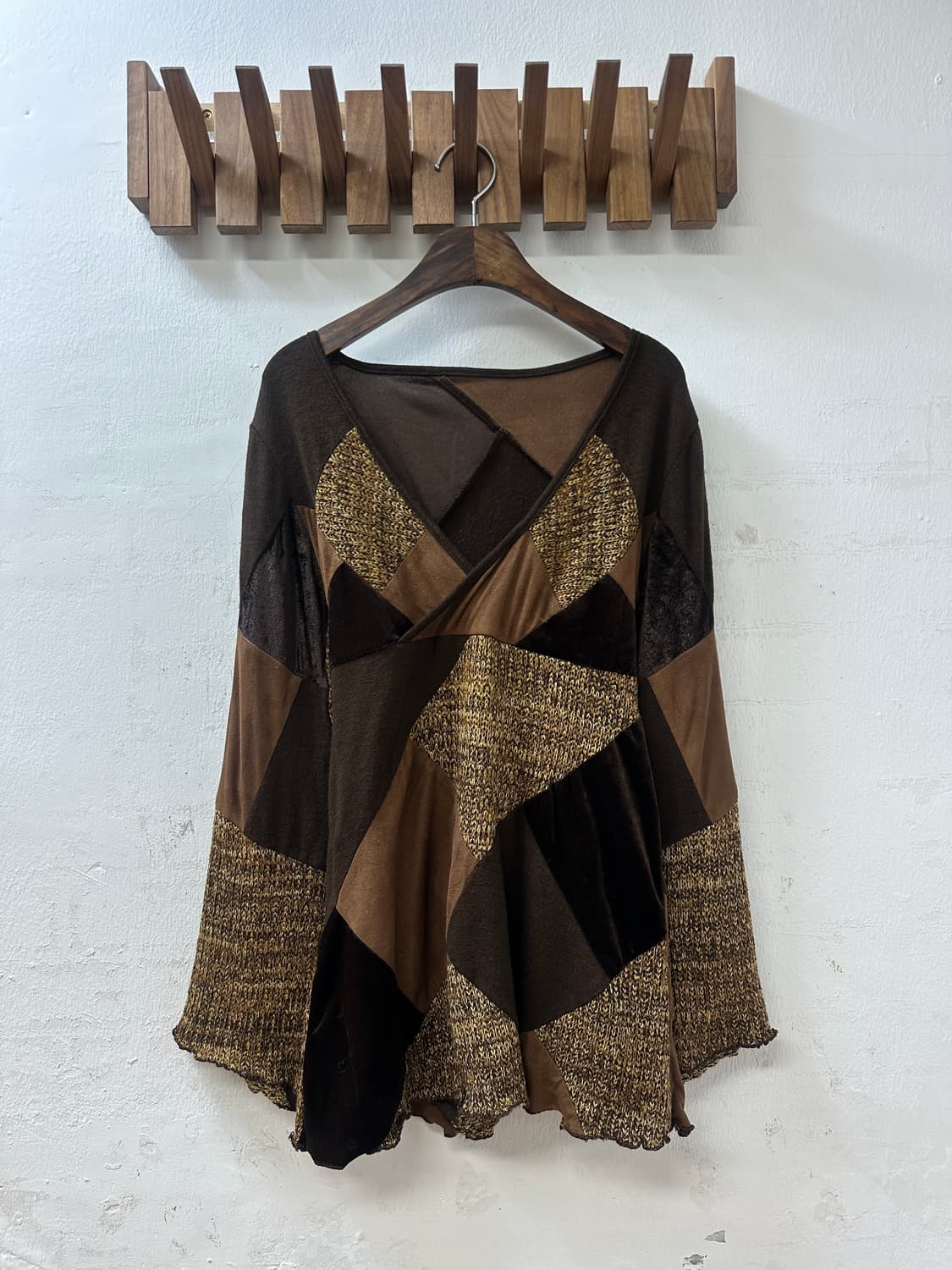 일본빈티지 브라운 조각 믹스 패치워크 탑 티셔츠  상품이미지1