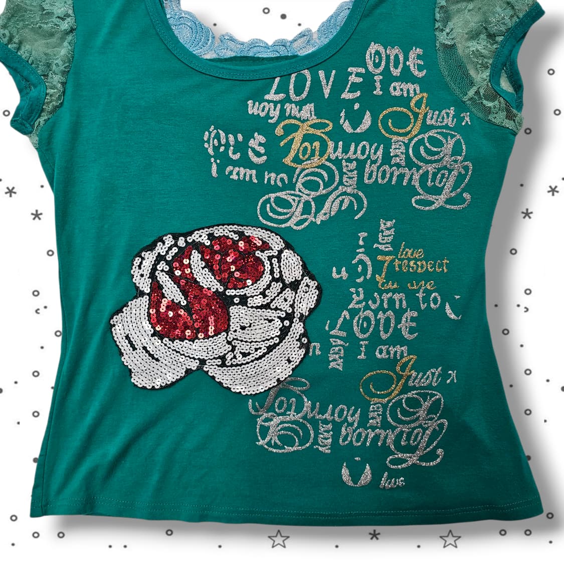 VTG 레이스 소매 스팽글 로즈 티셔츠 상품이미지3