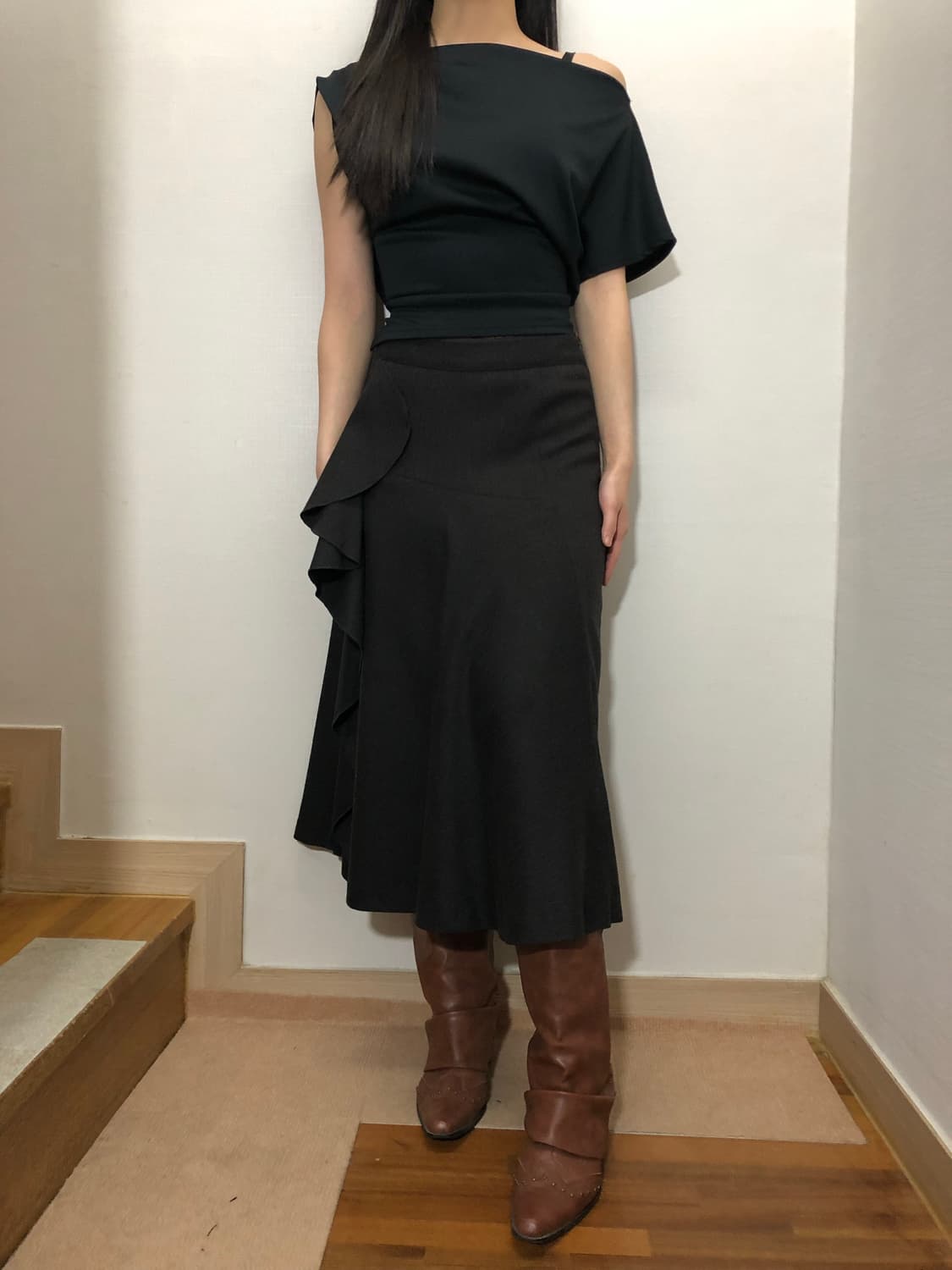 빈티지 그레이 핀 스트라이프 러플 스커트 상품이미지3