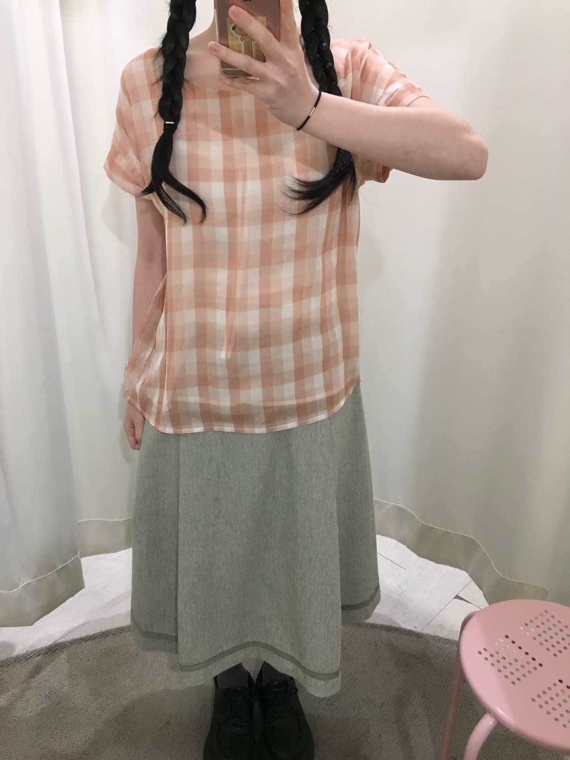 피치 체크 리본 블라우스 상품이미지2