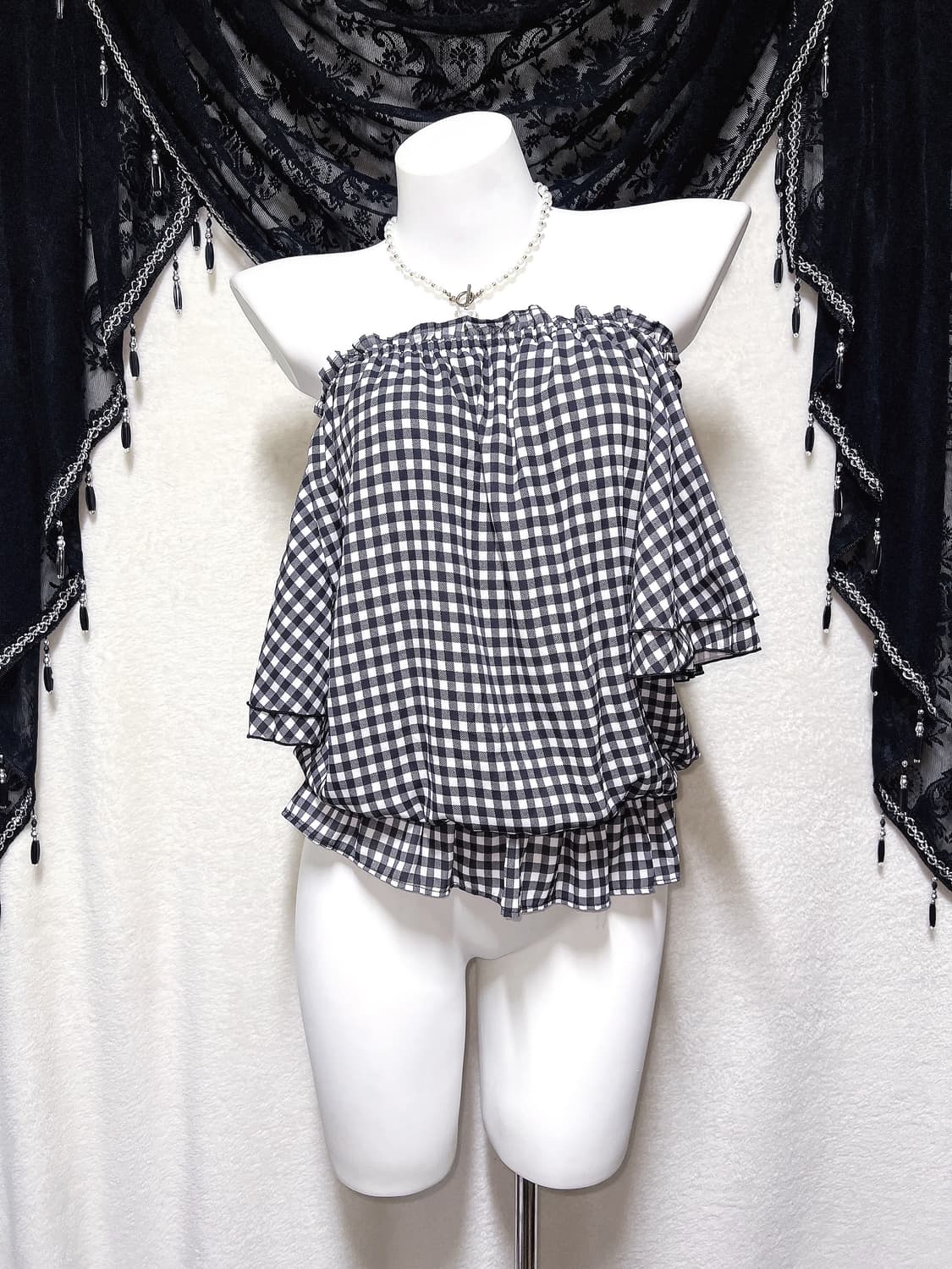 잉그니 ingni 로맨틱갸루 체크 오프숄더 블라우스 로걀탑 튜닉 러블리 상품이미지1