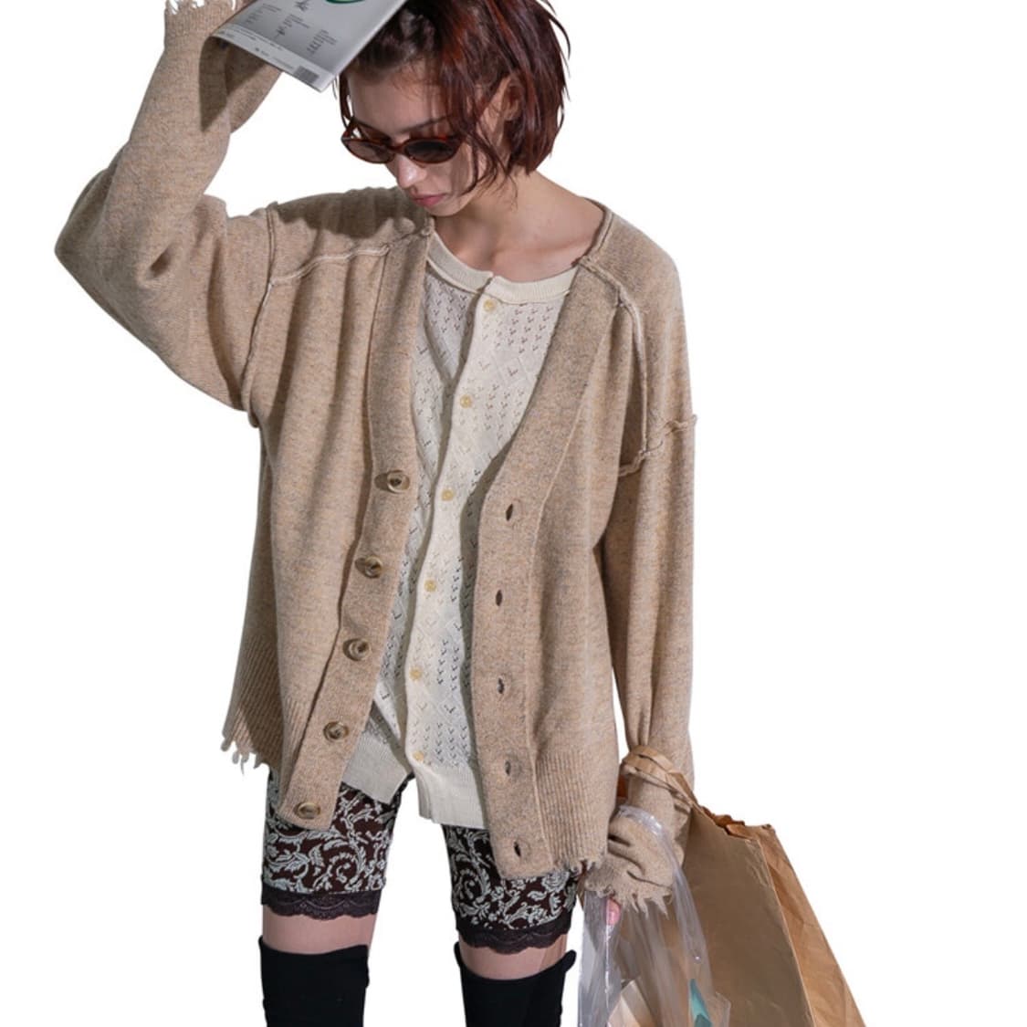 퍼버즈 램스울 레이어드 니트 가디건 베이지 상품이미지4