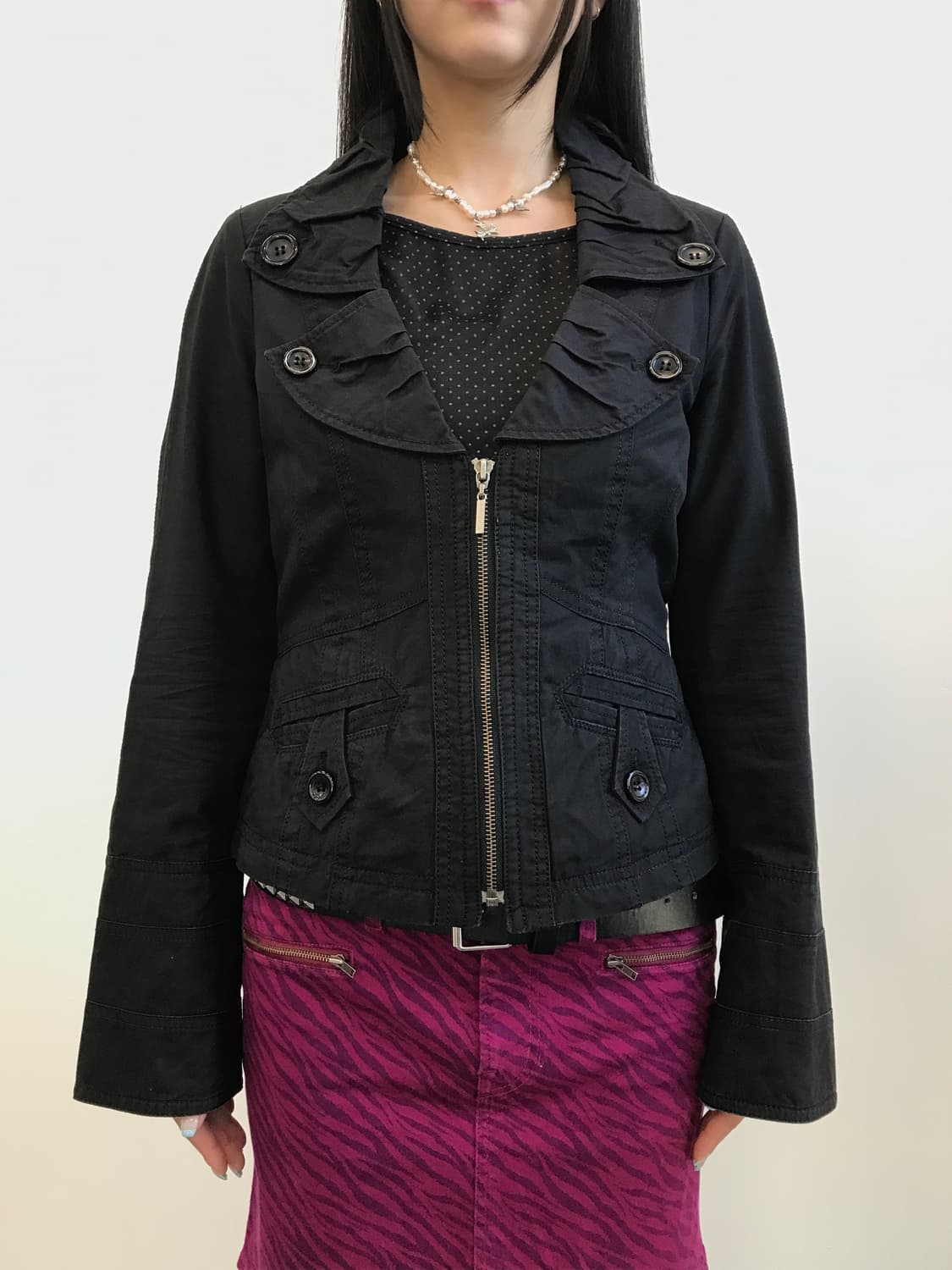 Jpn Black Frill Trimmed Zip-up Jacke 상품이미지2