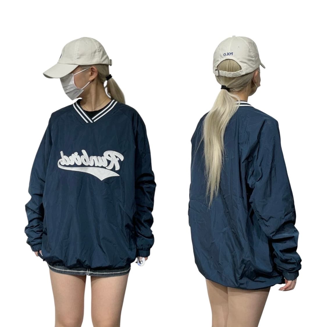 미즈노 빅 로고 네이비 화이트 올드스쿨 웜업 바람막이 긴팔티 XL 상품이미지1