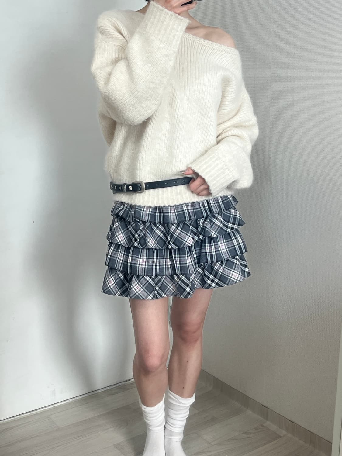 핑크 그레이 캉캉 체크 스커트 상품이미지1