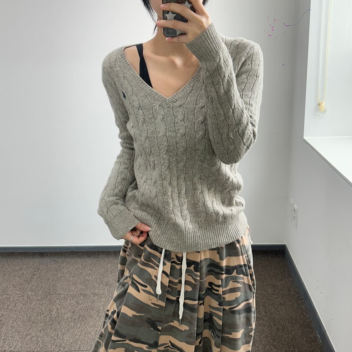 Polo 폴로 네이비 포니 카키베이지 브이넥 케이블 니트 상품이미지1