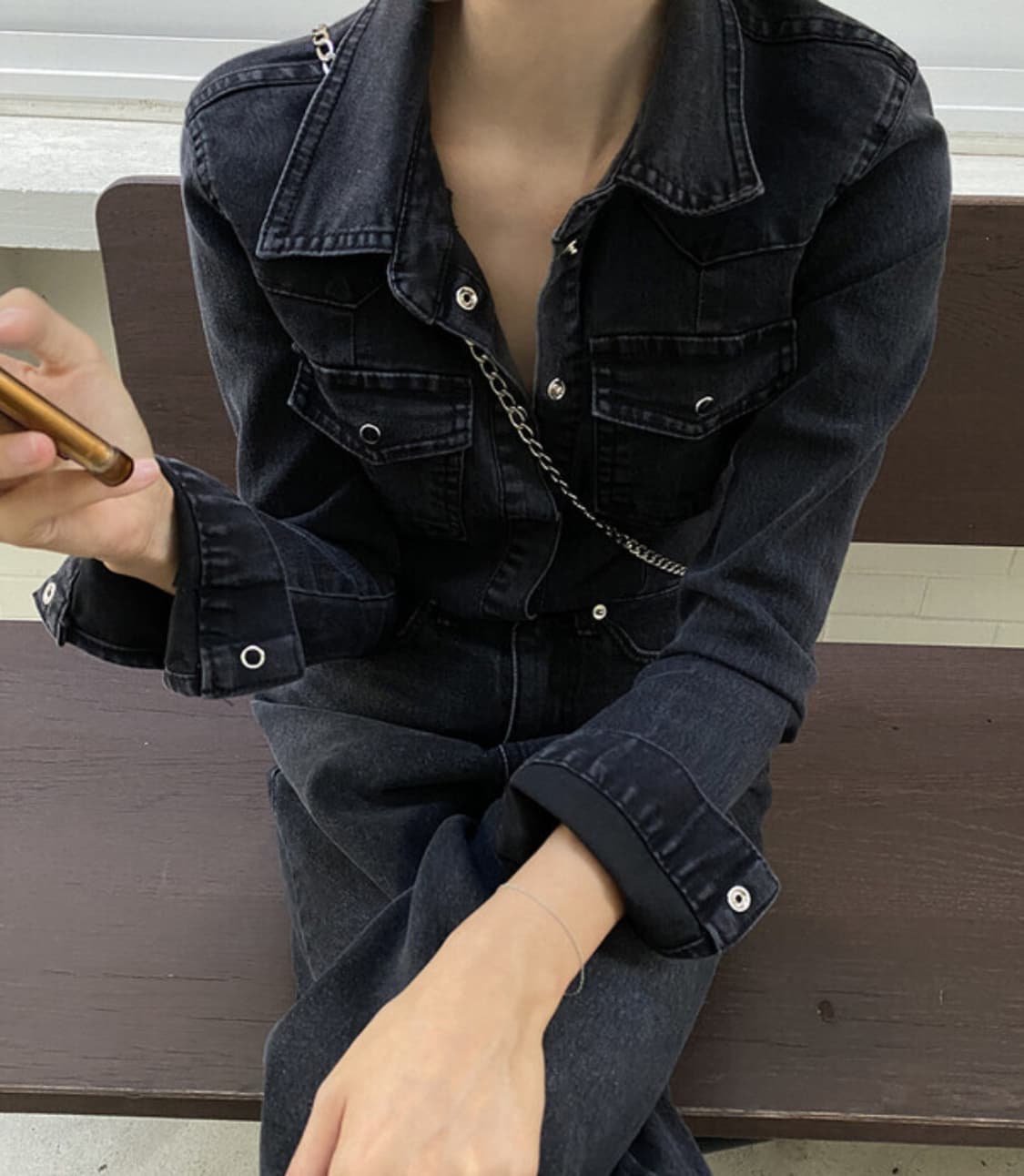 리언스 슬림 라인 데님 셔츠 흑청 m 상품이미지3