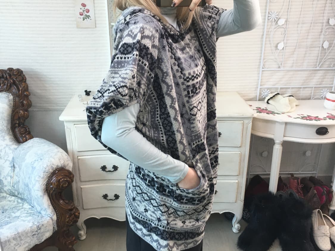 일본빈티지 블루그레이 보헤미안 포켓 후드티 상품이미지3