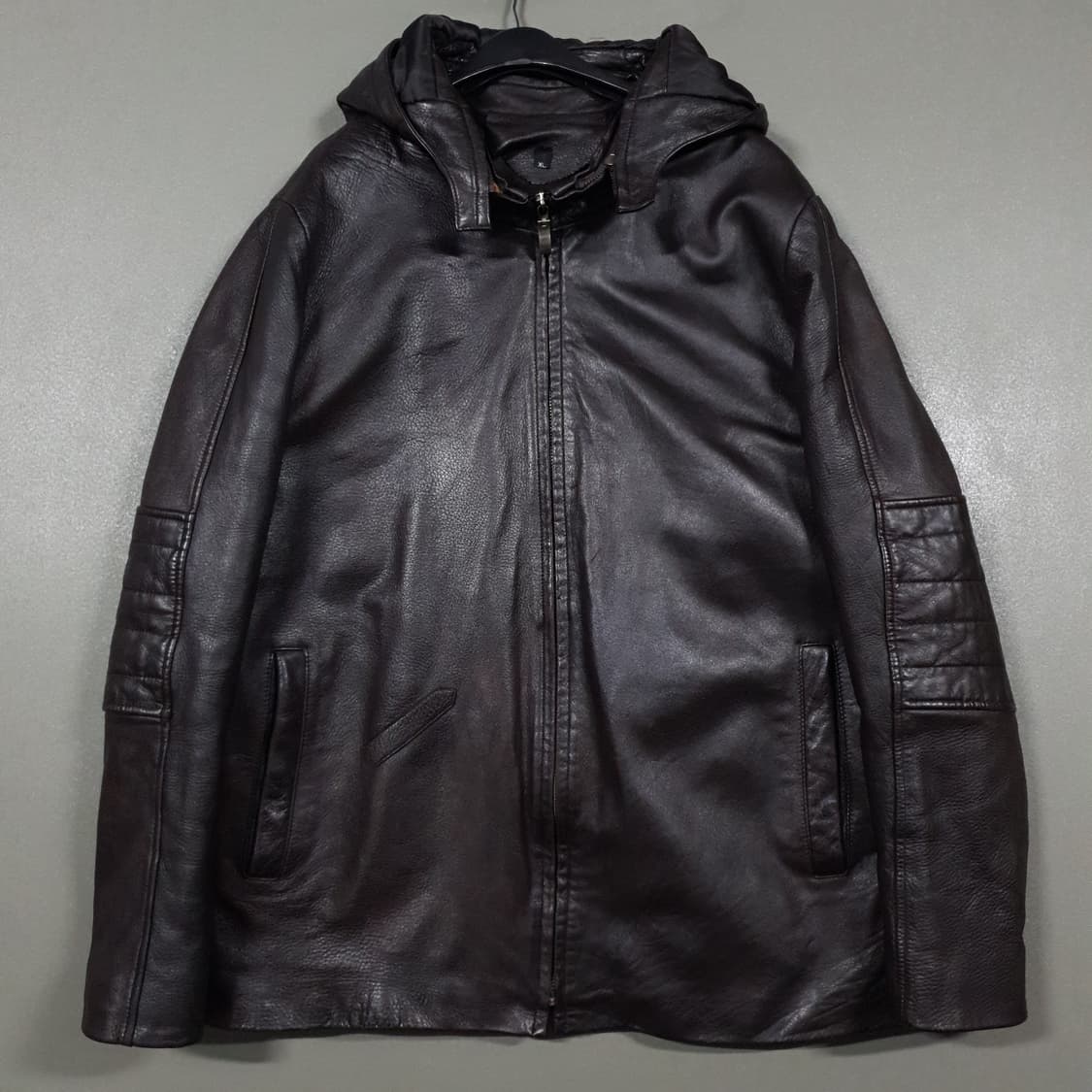 실측 M) 빈티지 양가죽 램스킨 엘보 디테일 레더 후드 자켓 브라운 상품이미지1