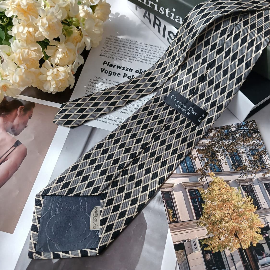 디올 실크 블랙 베이지 기하 패턴 넥타이 9.5cm B등급 E828 상품이미지2