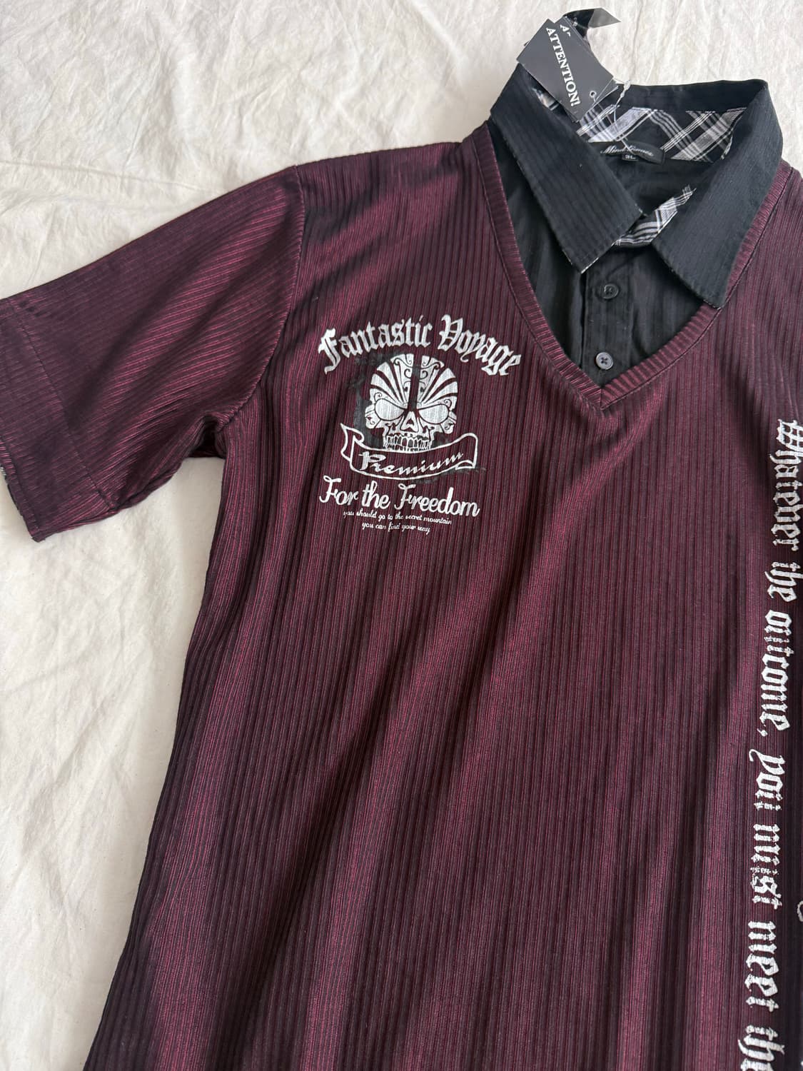 버건디 펑크 셔츠 레이어드 반팔탑 상품이미지3