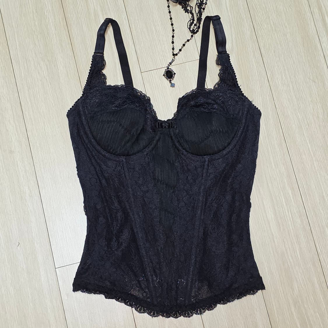 일본빈티지)블랙 고딕오네갸루st로맨틱 리본레이스 코르셋 새틴 탑란제리브라 상품이미지3
