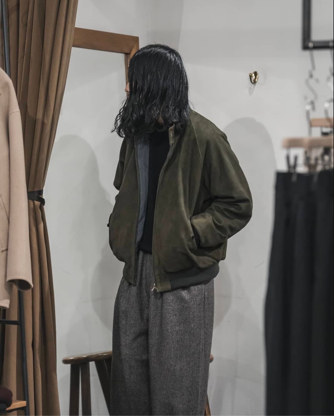 [2] A.PRESSE 아프레쎄 스웨이드 레더 해링턴 자켓 그린 상품이미지4