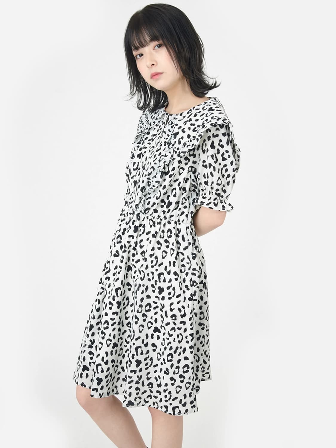 일브 앙크루즈 호피 레오파드 프릴 진주 세일러 원피스 상품이미지1