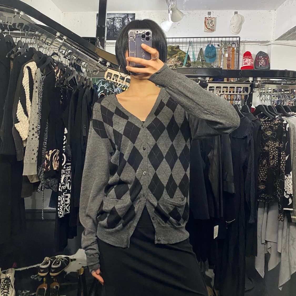 Plus one 아가일 패턴 브이넥 가디건 상품이미지1