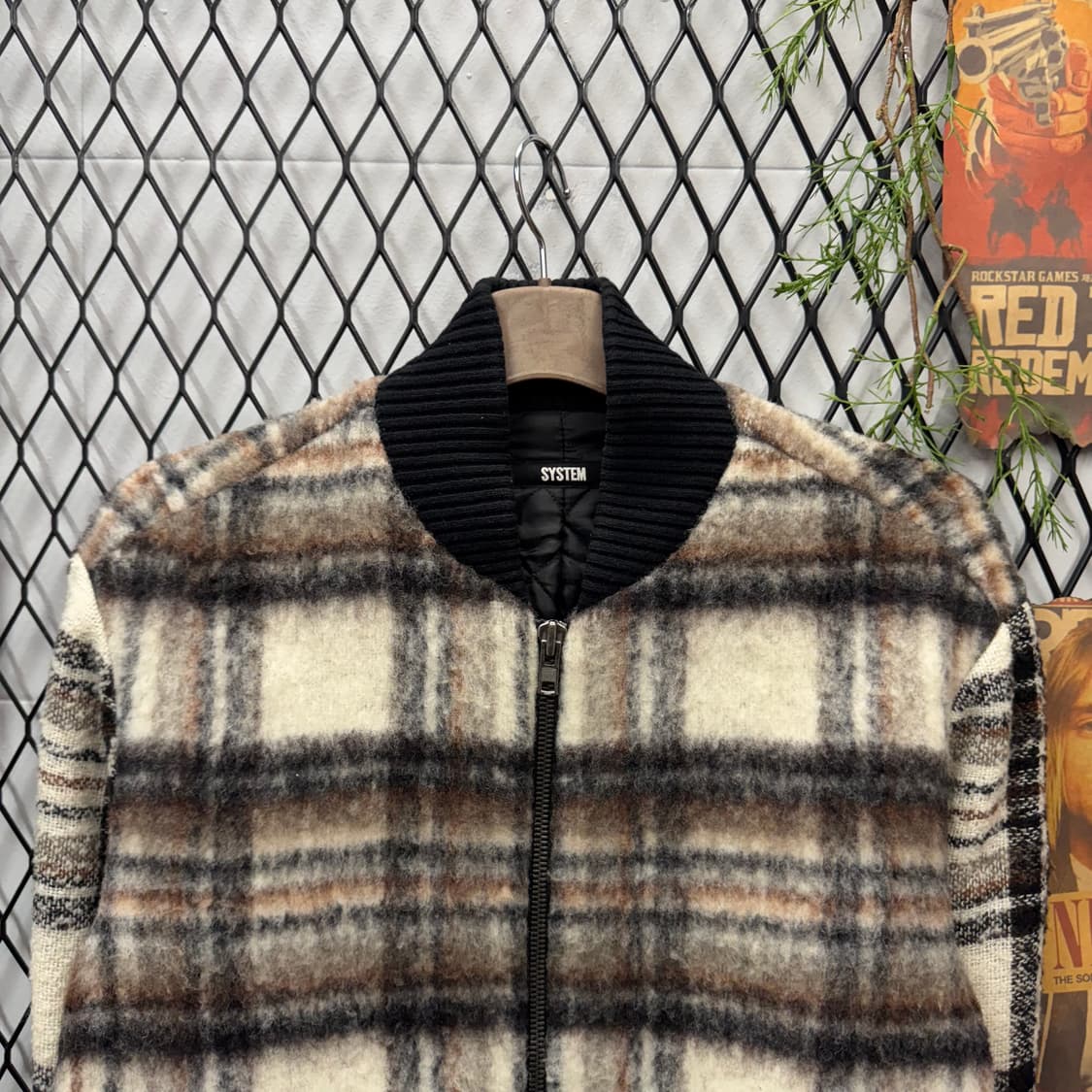 시스템 울 모헤어 블루종 자켓 체크 패턴 안감 퀼팅 디테일 브라운 화이트 상품이미지3