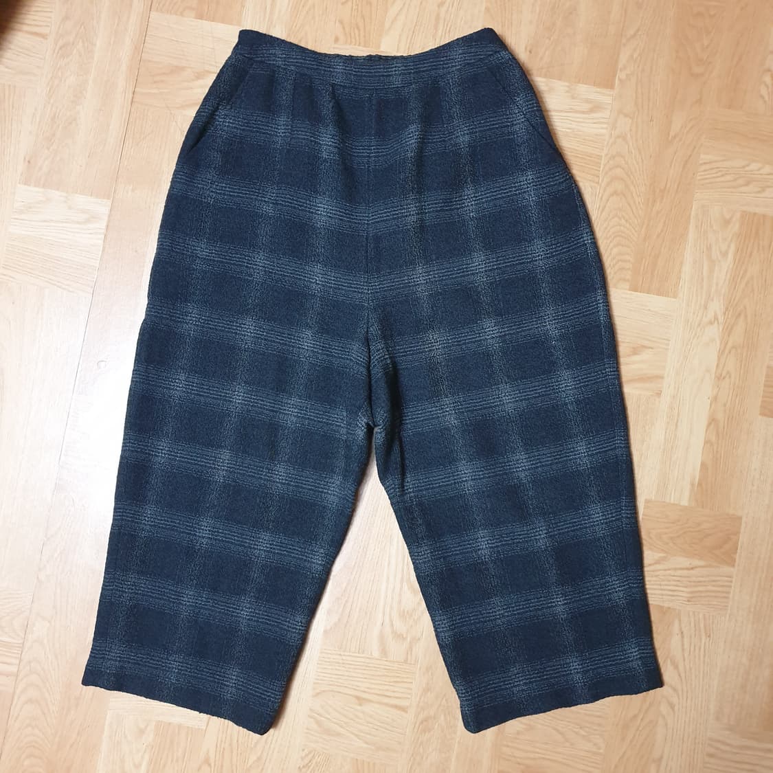 isae 이새 글렌체크 뒷밴딩 얇은 모직 크롭 배기팬츠 배기바지 상품이미지3