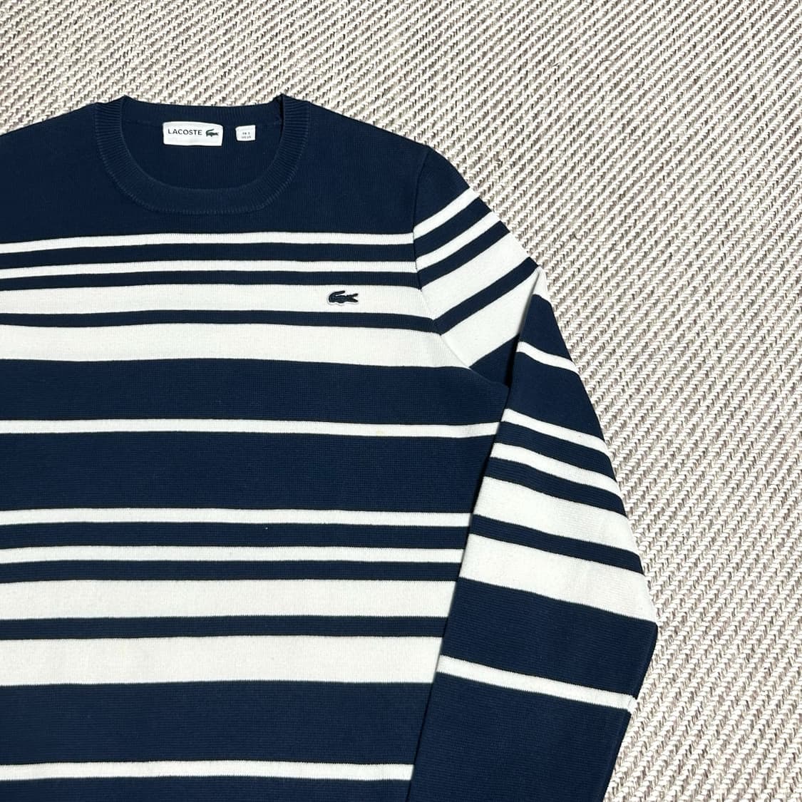 [S] Lacoste 라코스테 우먼즈 네이비 스트라이프 코튼 라운드 니트 상품이미지3