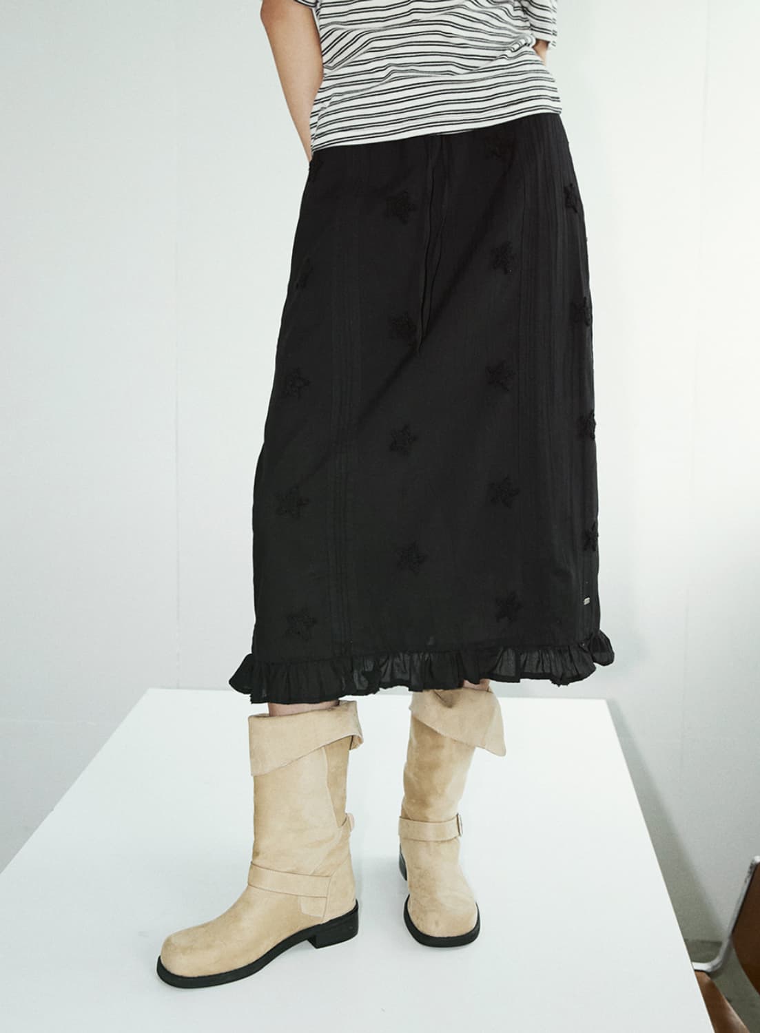 렌세 스타 프릴 롱스커트 블랙 상품이미지3