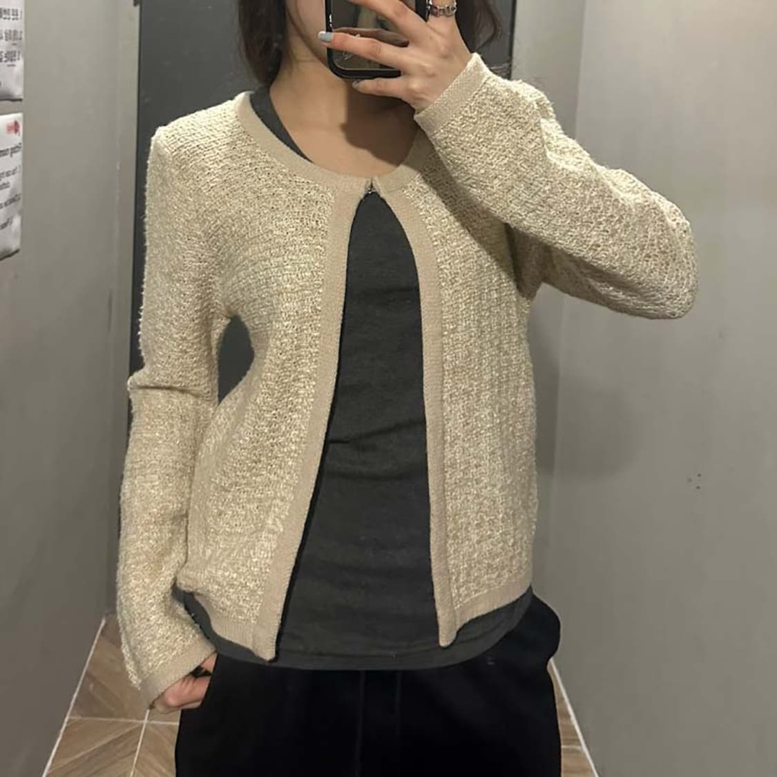 JPN VINTAGE 니트 가디건 오픈 프론트 트위드 디테일 아이보리 상품이미지7