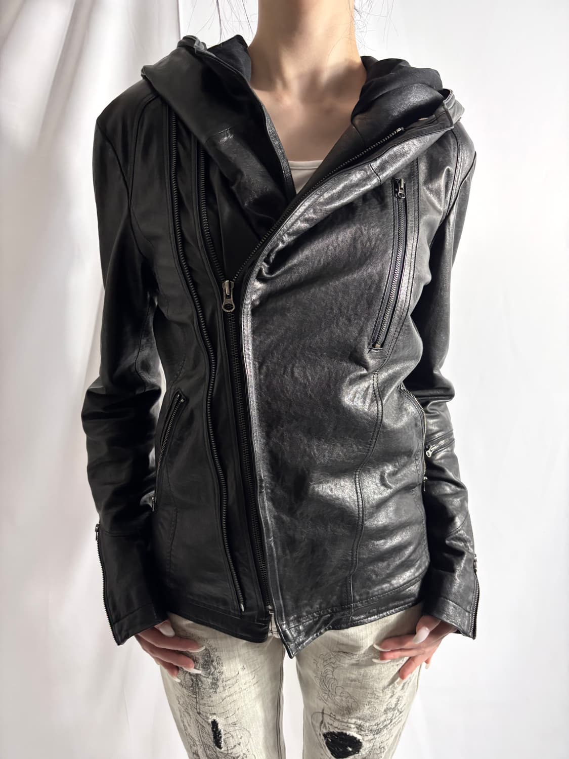 Italian Leather Sculptural Moto Jacket 상품이미지1