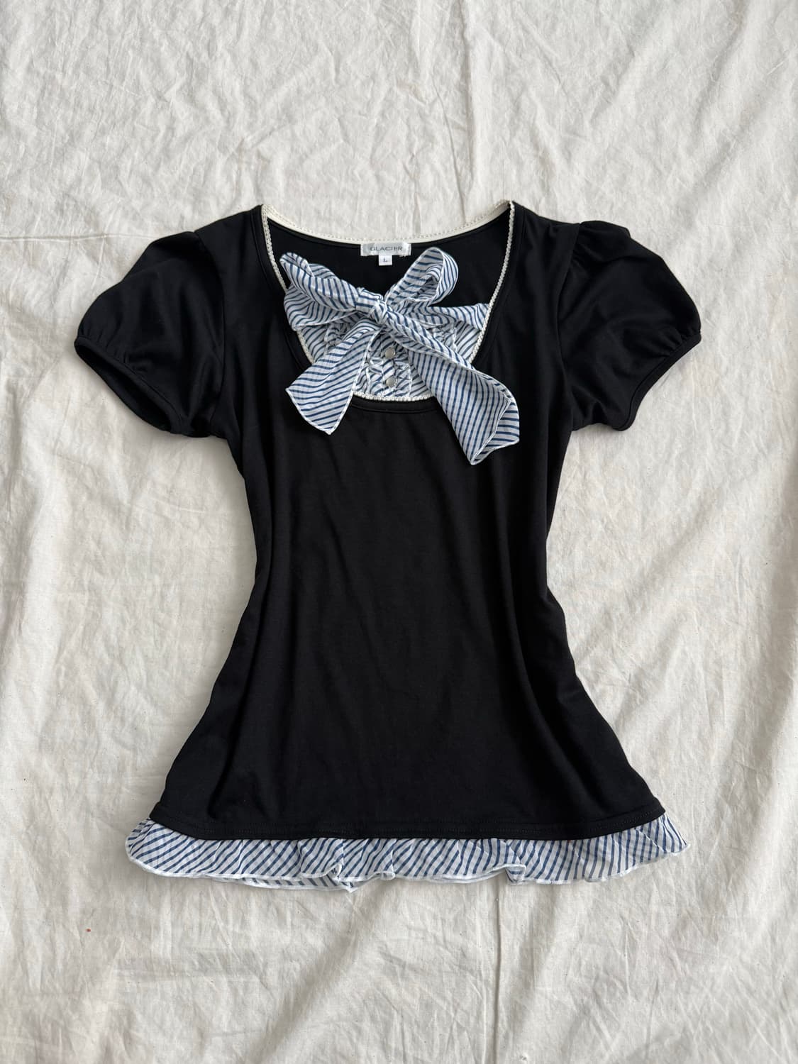 공겜여주 로걀 리본 블라우스 반팔 상품이미지1