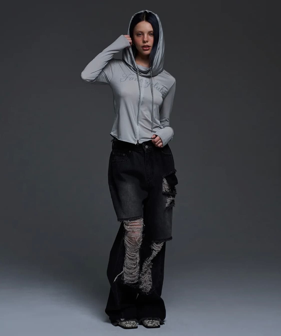 팬시클럽 디스트로이드 와이드 데님 팬츠 블랙 팬시클럽 바지 상품이미지2