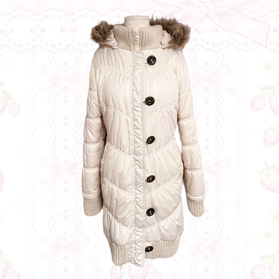 히메갸루 핀터깔 생화이트 퍼 포인트 탈부착 떡코 포인트 단추 롱 패딩 상품이미지2