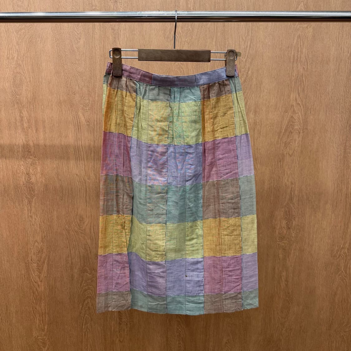 미쏘니 코튼 미디 스커트 패치워크 체크 패턴 플리츠 배색 디테일 퍼플 상품이미지2