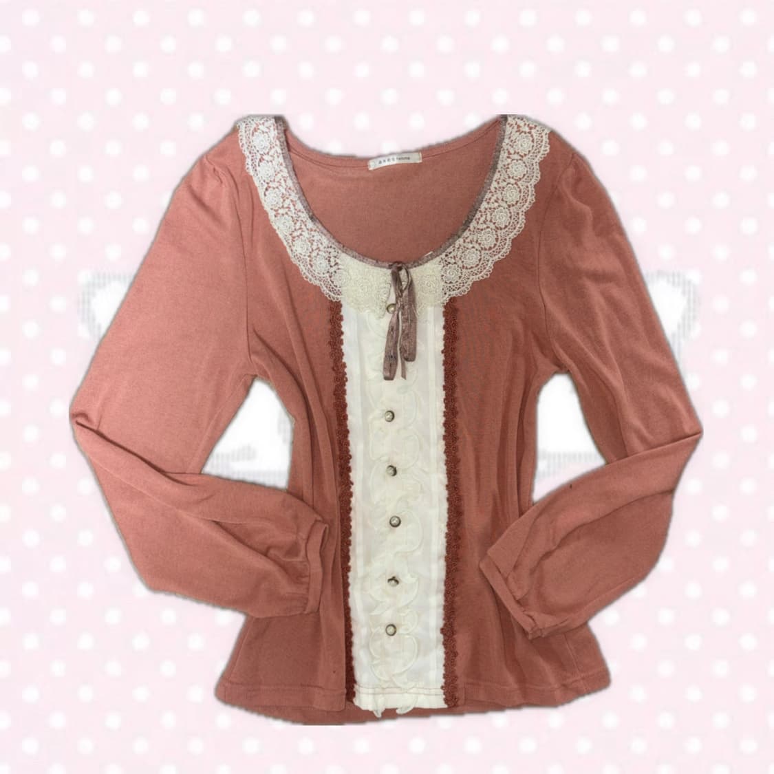 엑시즈팜 살구오렌지 화이트 프릴 블라우스 긴팔 탑 상의 상품이미지1