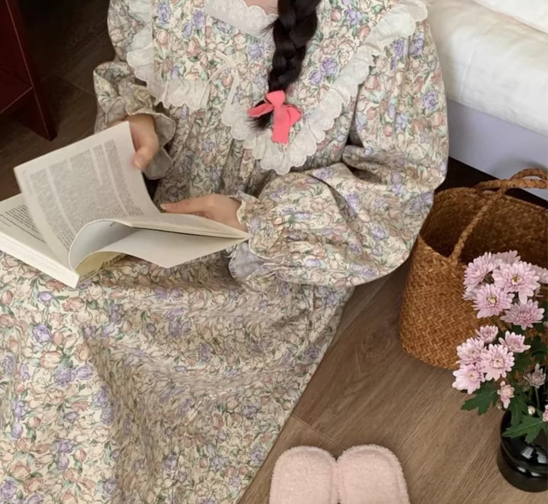 누아젤 빈티지 가든 롱파자마 (포근한 면기모 홈웨어) 상품이미지1