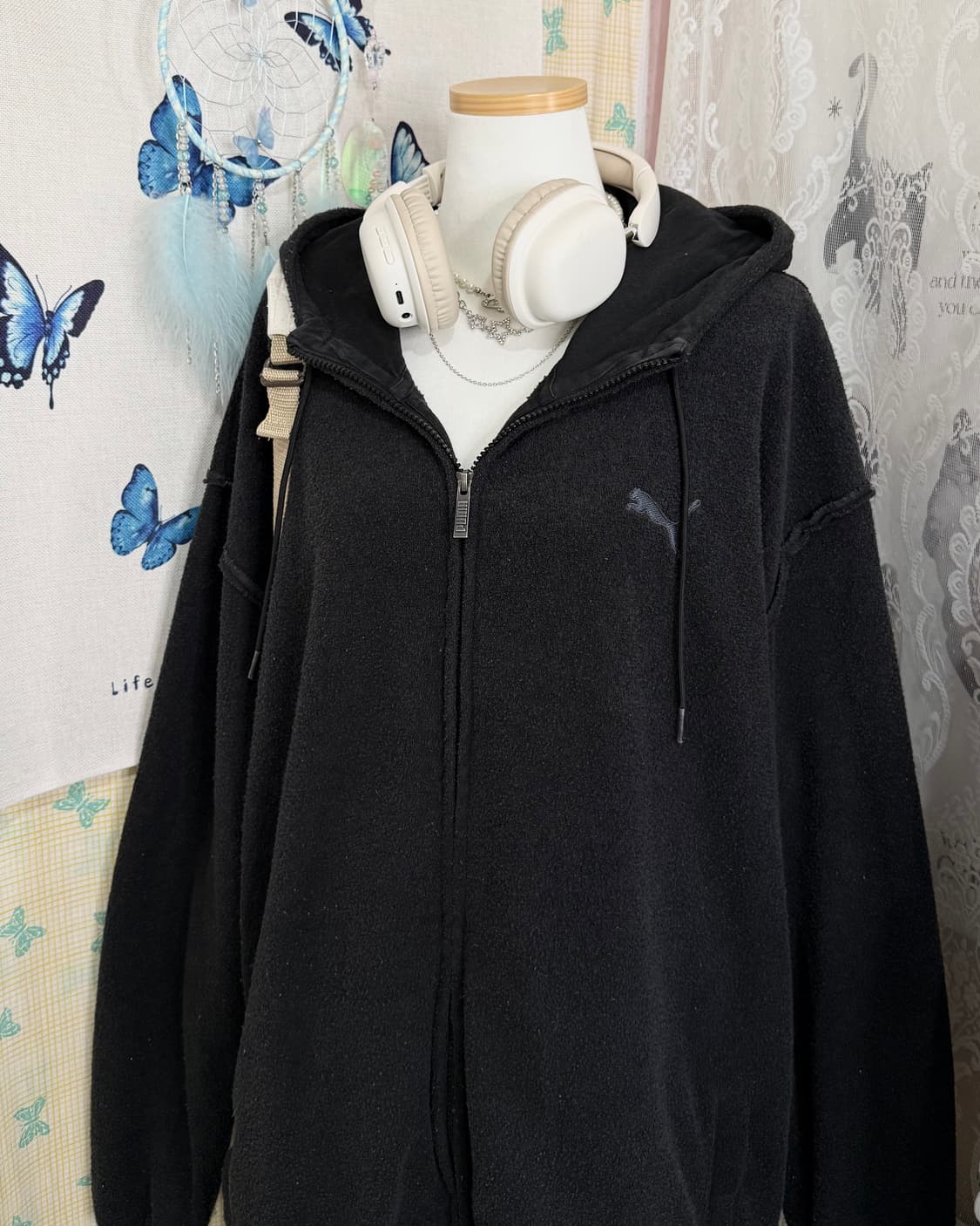 푸마 블랙 뽀글이 오버핏 후드 집업 상품이미지4