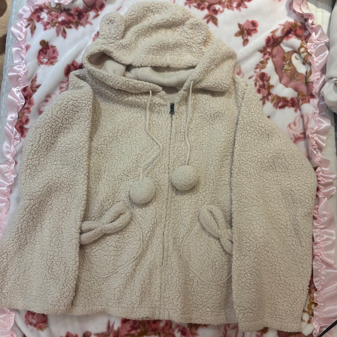 디어리 쿠마미미 뽀글이 리본 후드 집업 상품이미지1