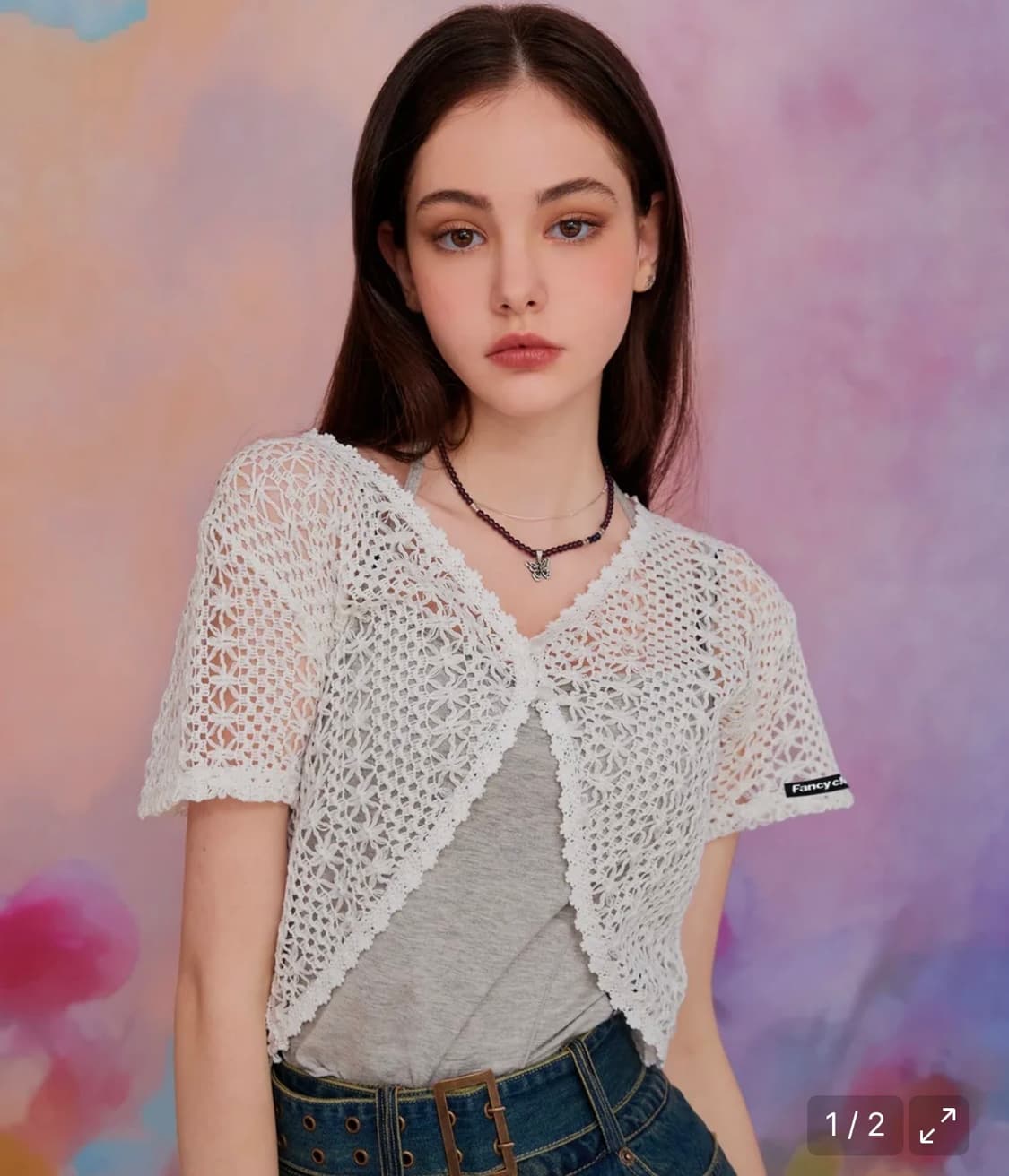네스티 팬시 클럽 레이스 크로쉐 크롭 가디건 티  상품이미지1