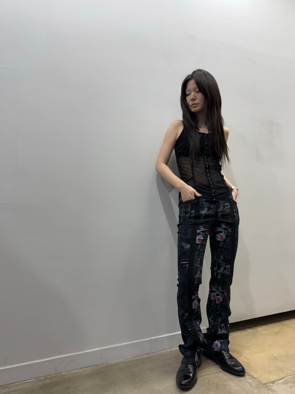 오즈온 오리엔탈 패턴 디테일 매쉬 부츠컷 팬츠 상품이미지4