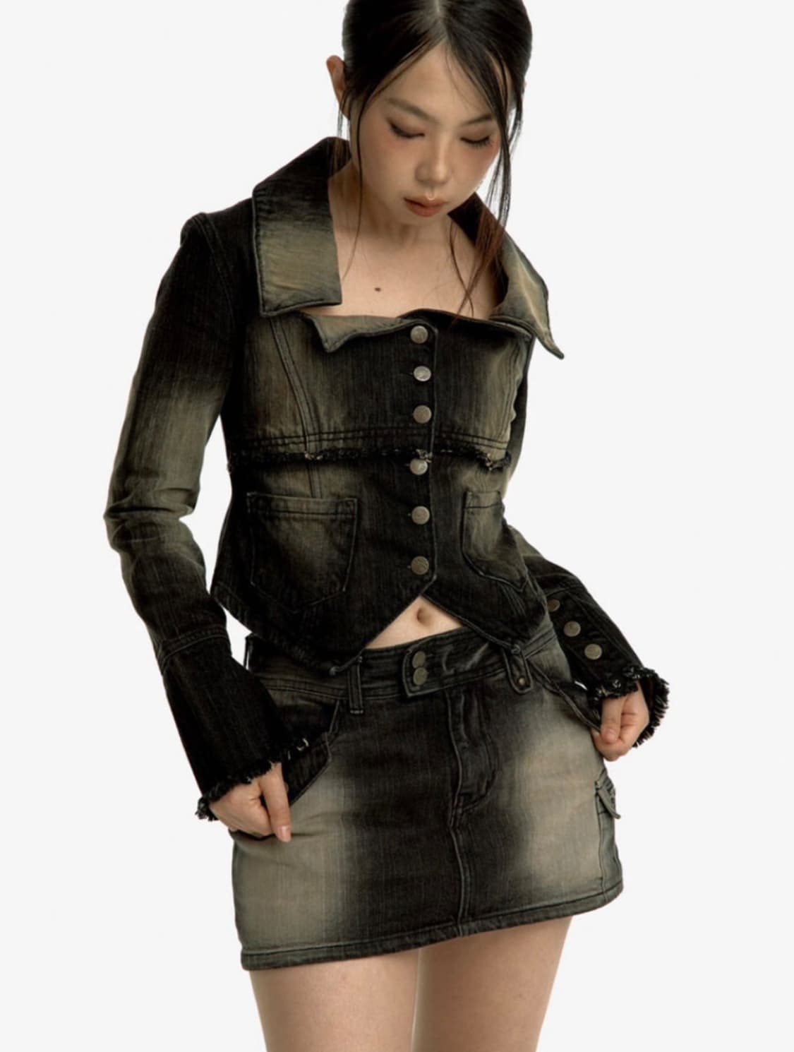 카시코 우먼 데님 스퀘어 넥 트러커 자켓 블랙 상품이미지1