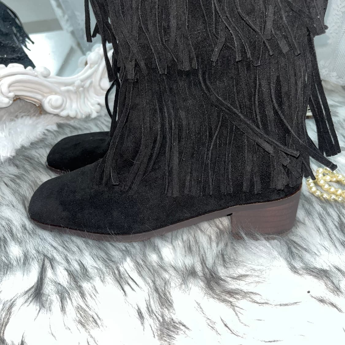 빈티지 블랙 스웨이드 프린지 스퀘어 부츠 상품이미지4