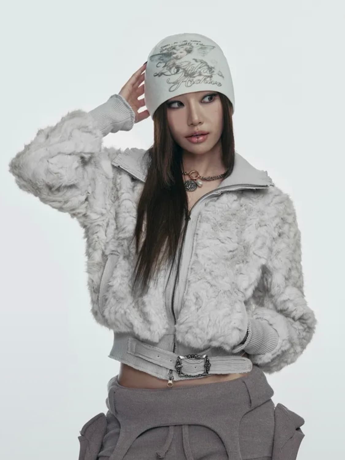 FAUX FUR BELT ZIP JACKET_GREY 상품이미지1