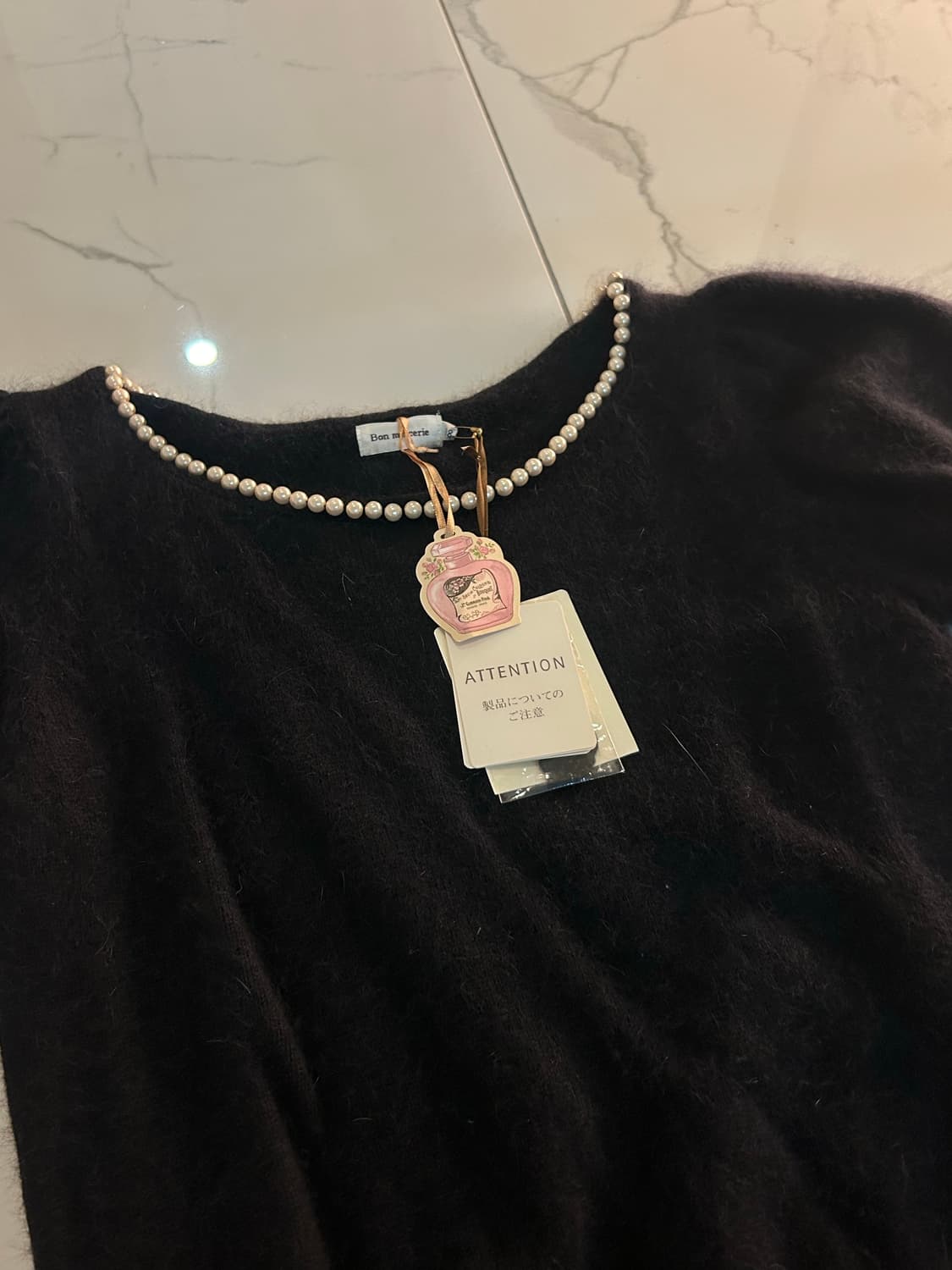 갸루 러블리 진주넥 리본 반팔 블랙 니트 상품이미지3