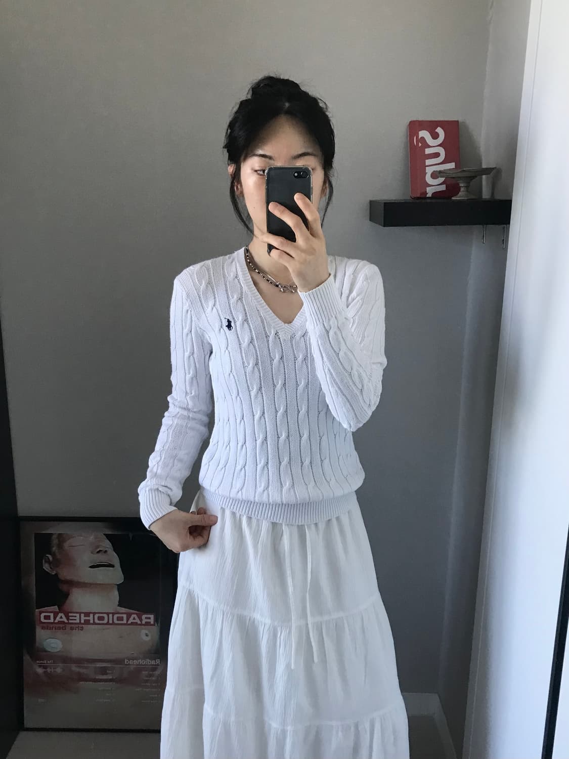 폴로 랄프로렌 포니 로고 화이트 브이넥 케이블 니트 상품이미지3