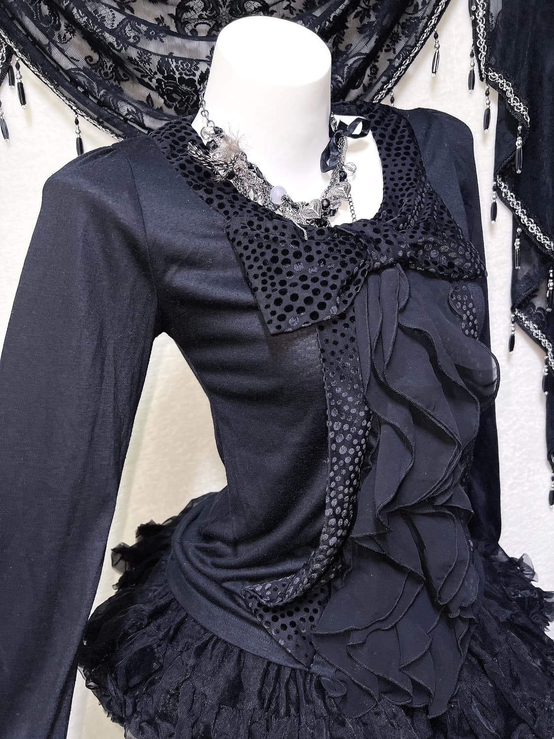 엑시즈팜 로맨틱고딕 왕리본 도트 땡땡이 프릴 로걀탑 공겜 고스로리 핀터 상품이미지4