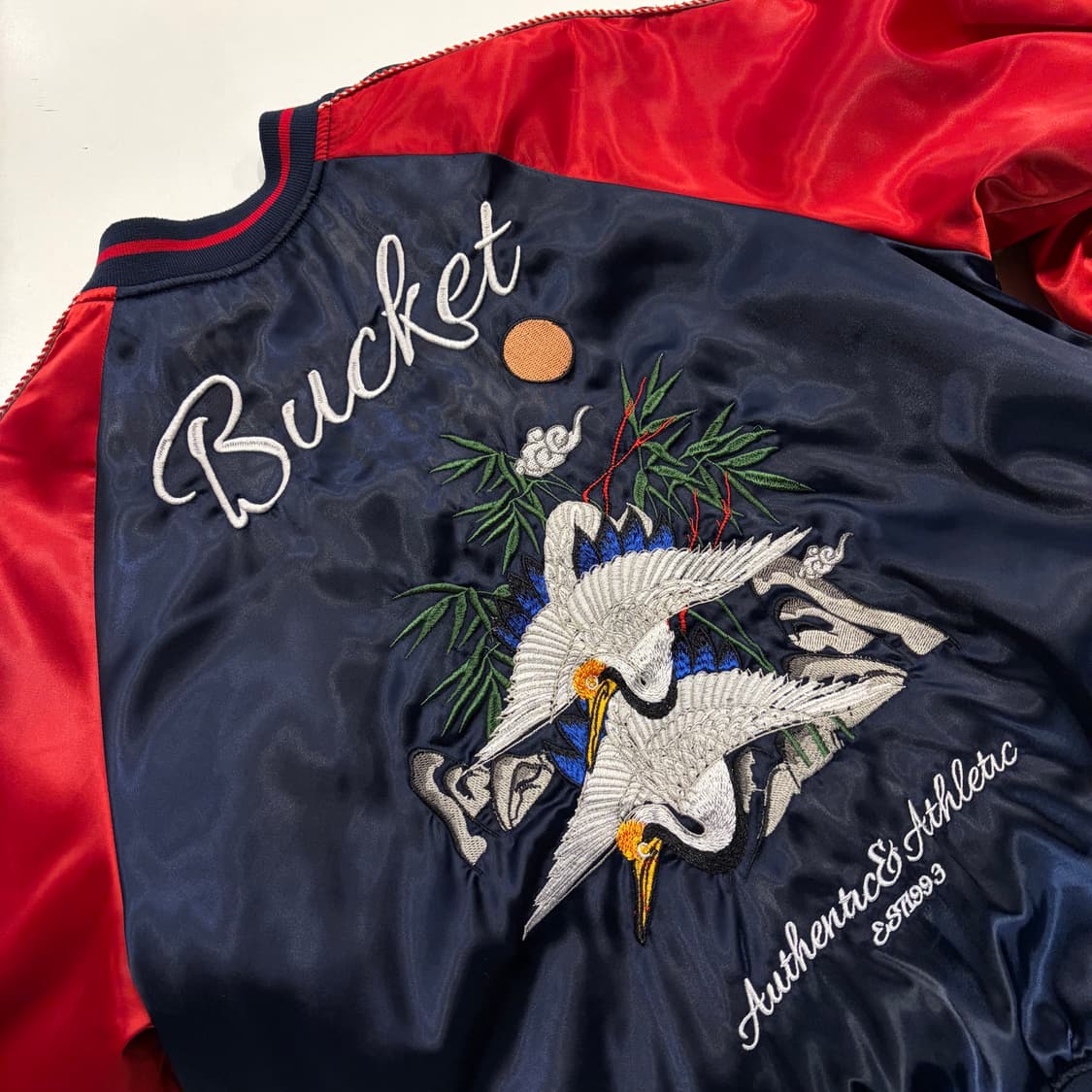 [L] 버킷 Crane 자수 블루종 자켓 레드/네이비 B657 상품이미지10