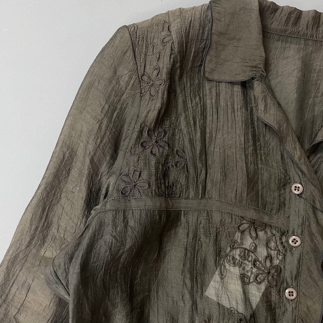 JPN 일본빈티지 브라운 자수 시스루 블라우스 M 상품이미지5