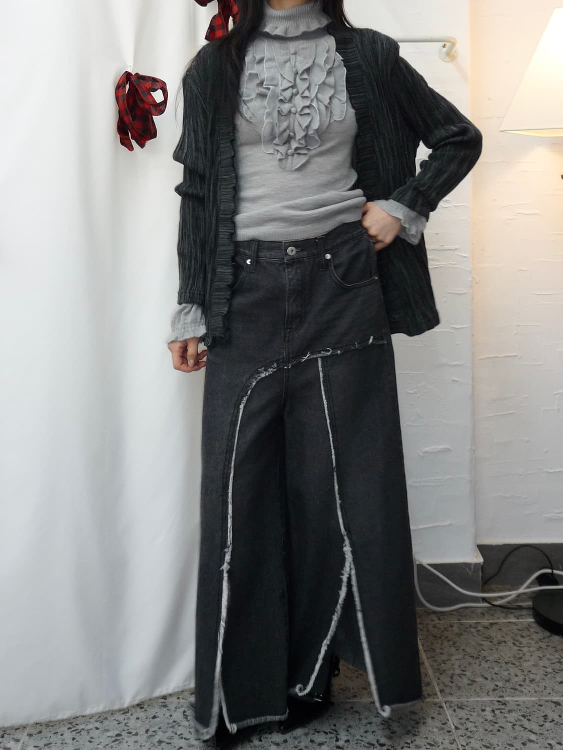 Charcoal pleats cardigan 상품이미지2