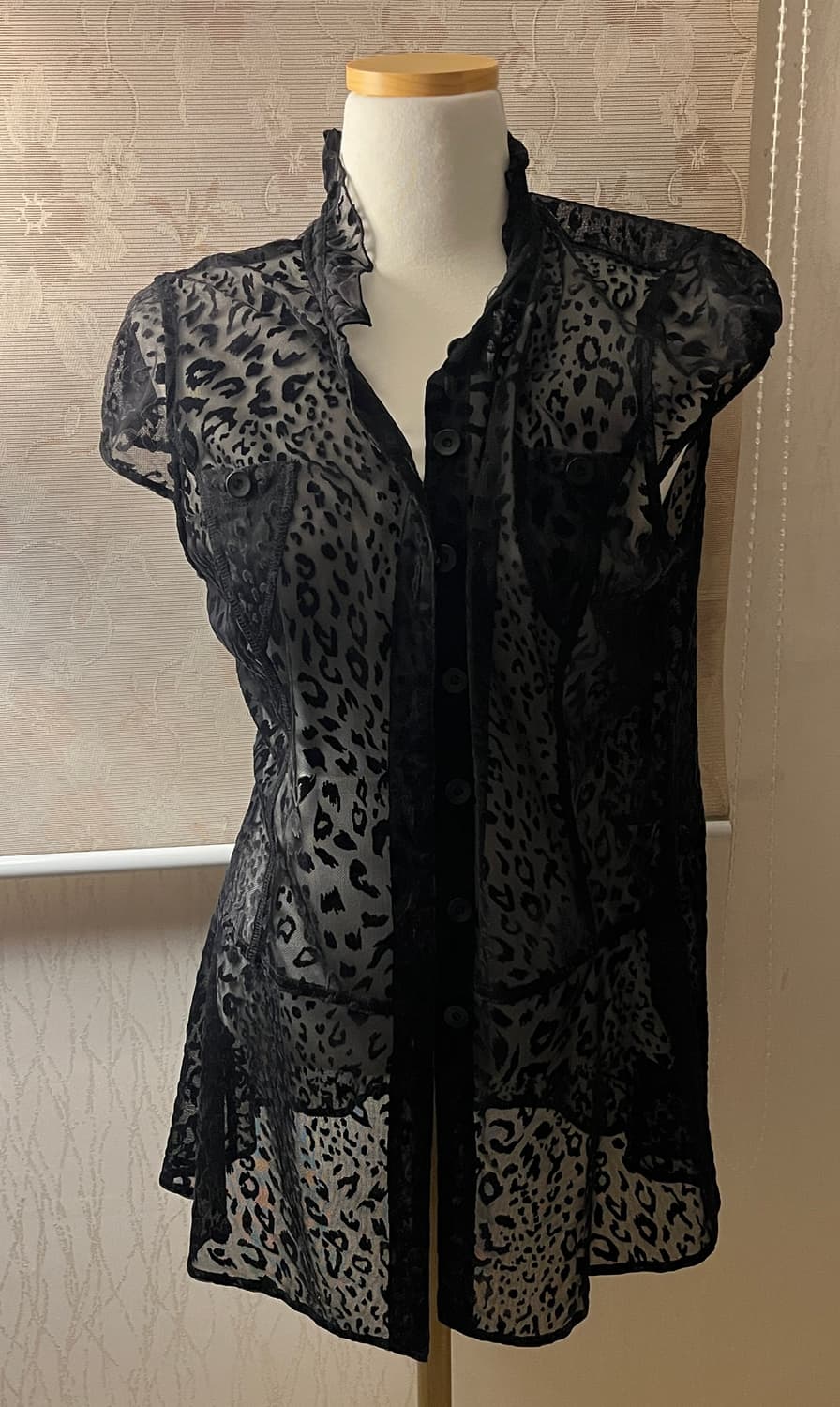 레오파드 시스루 반팔 블랙 셔츠 상품이미지1