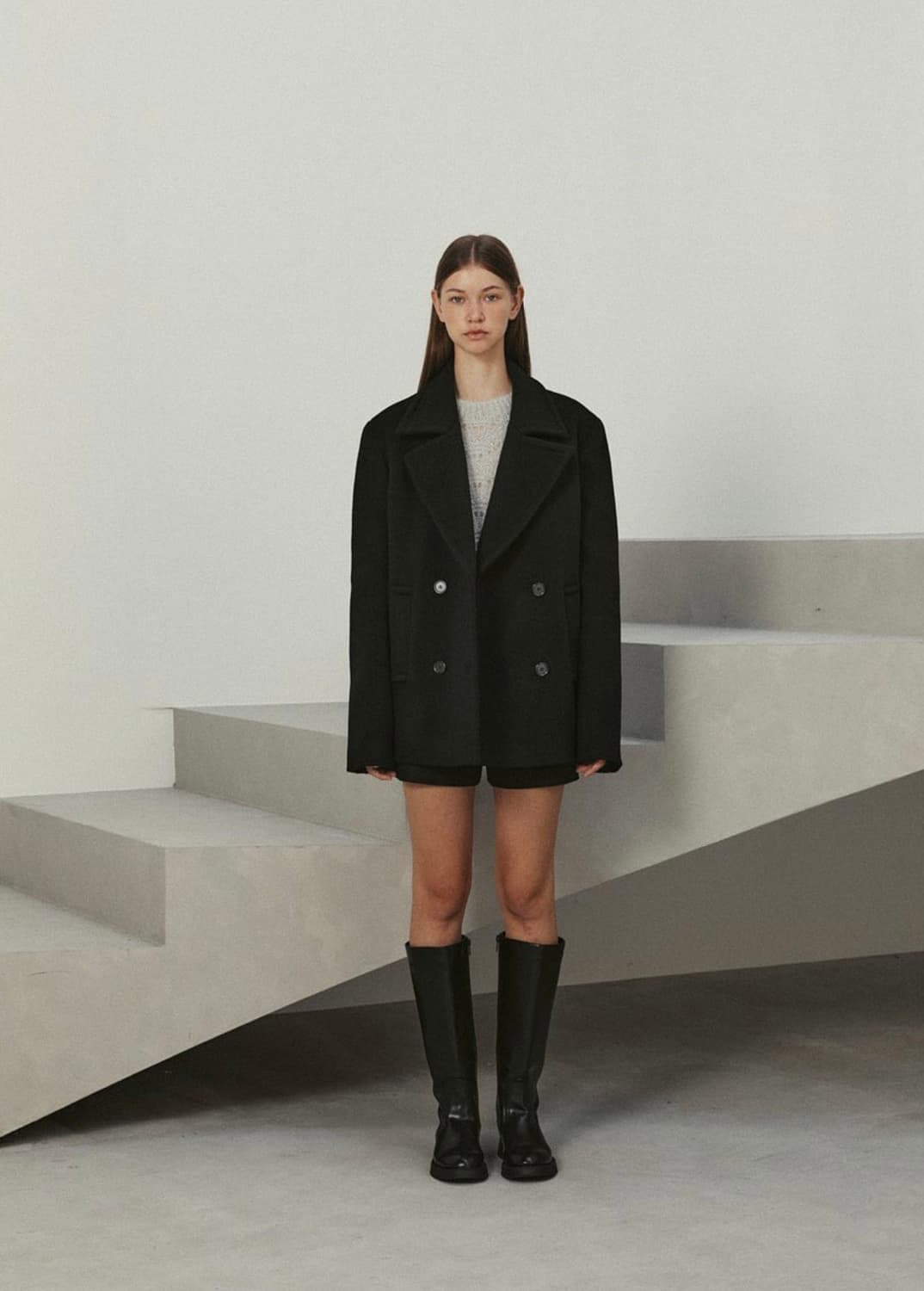 르(LE) 25년 울 하프 코트 블랙 상품이미지2