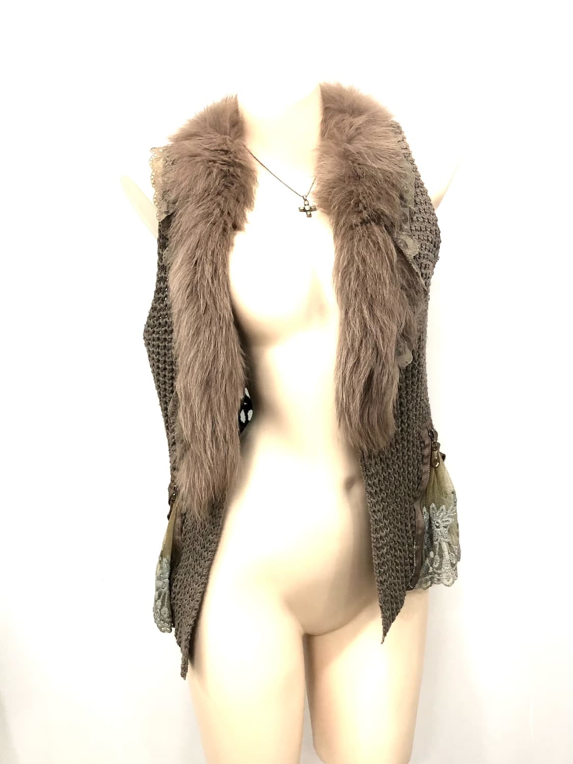 side lace detail fur trim knit vest 상품이미지5