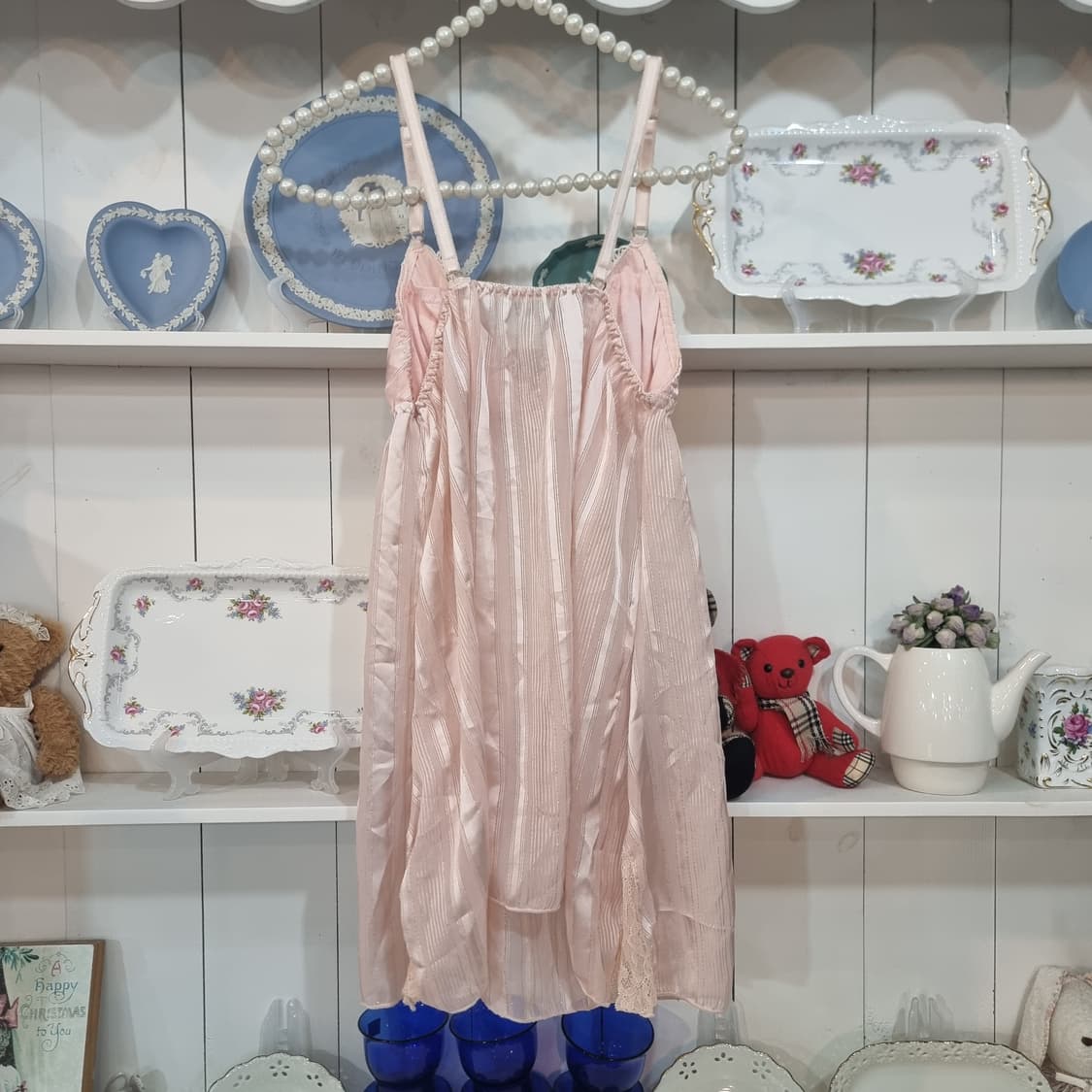 핑크 새틴 스트라이프 슬립 원피스 상품이미지4