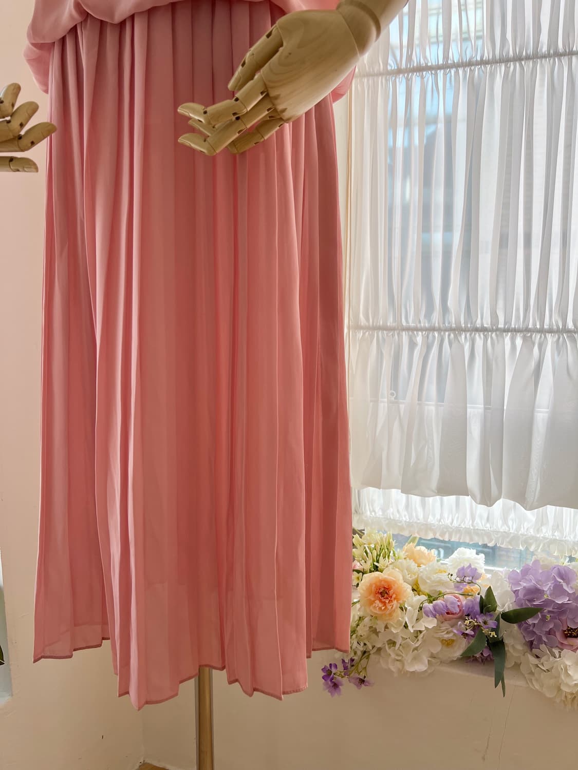 레이스 카라 핑크 플리츠 원피스 상품이미지7