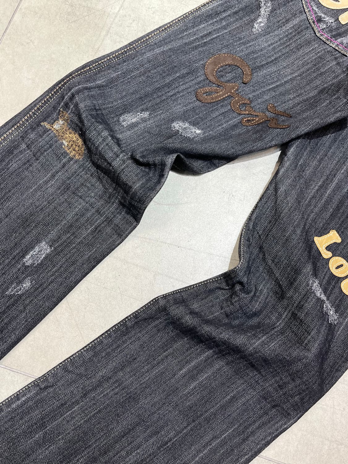 일본 빈티지 모리걸 고양이 레터링 패치 와이드 데님 팬츠  상품이미지8